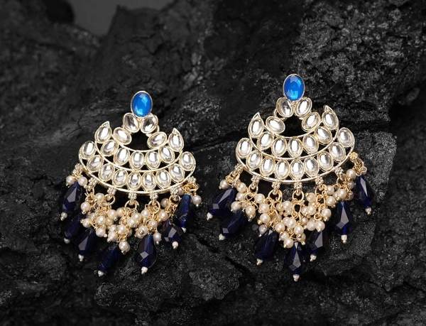 Beautiful Blue Color Gold Plated Kundan Earrings for Women and Girls 02