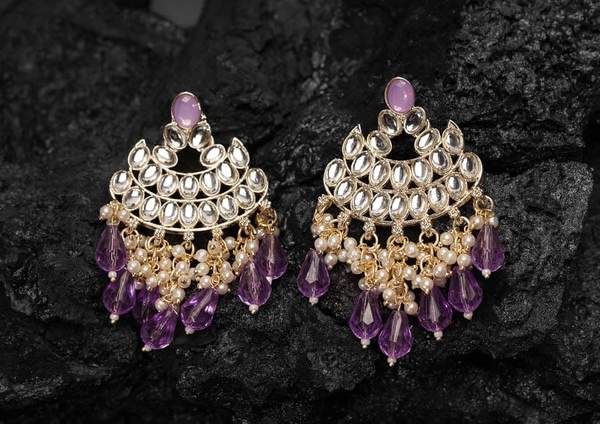 Beautiful Lavender Color Gold Plated Kundan Earrings for Women and Girls 02