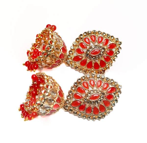 Gold-Plated Red Dome Shaped Kundan Studded Jhumka 02