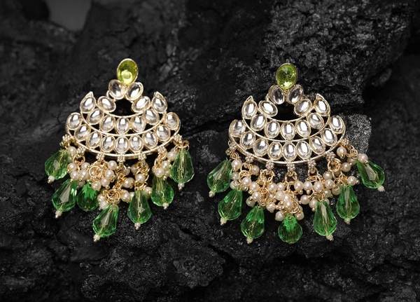 Beautiful Lime Color Gold Plated Kundan Earrings for Women and Girls 02