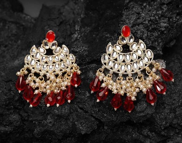 Beautiful Red Color Gold Plated Kundan Earrings for Women and Girls 02