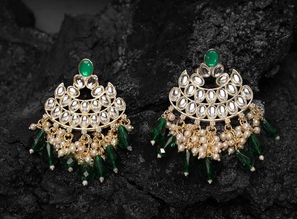 Beautiful Green Color Gold Plated Kundan Earrings for Women and Girls 02