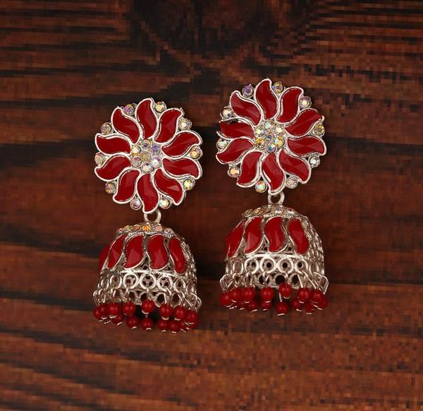 Red Color Traditional Silver-Plated Jhumka Earrings For Women 02