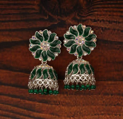 Green Color Traditional Silver-Plated Jhumka Earrings For Women 02