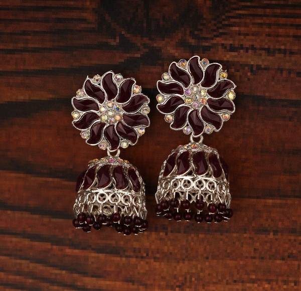 Maroon Color Traditional Silver-Plated Jhumka Earrings For Women 02