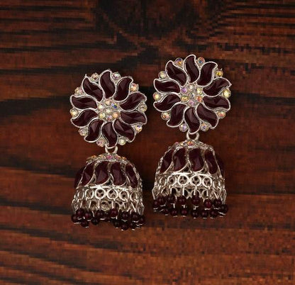 Maroon Color Traditional Silver-Plated Jhumka Earrings For Women 02