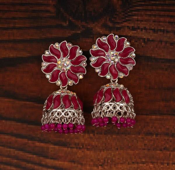 Rani Color Traditional Silver-Plated Jhumka Earrings For Women 02