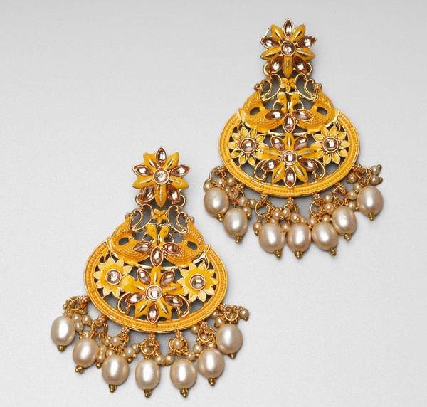 Yellow Color Antique Kundan Earrings 03