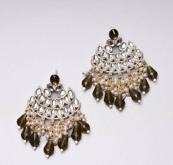 Beautiful Olive Color Gold Plated Kundan Earrings for Women and Girls 03