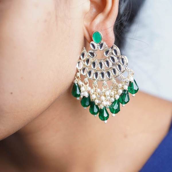 Beautiful Green Color Gold Plated Kundan Earrings for Women and Girls