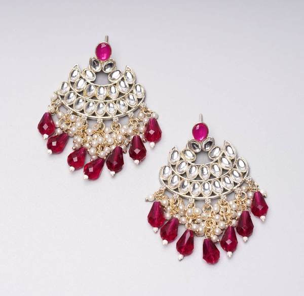 Beautiful Maroon Color Gold Plated Kundan Earrings for Women and Girls 03