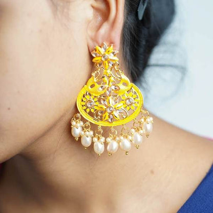 Yellow Color Antique Kundan Earrings