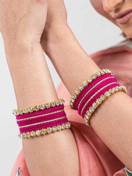 Gold Plated Stone Bangles Set for Women together in two hand 