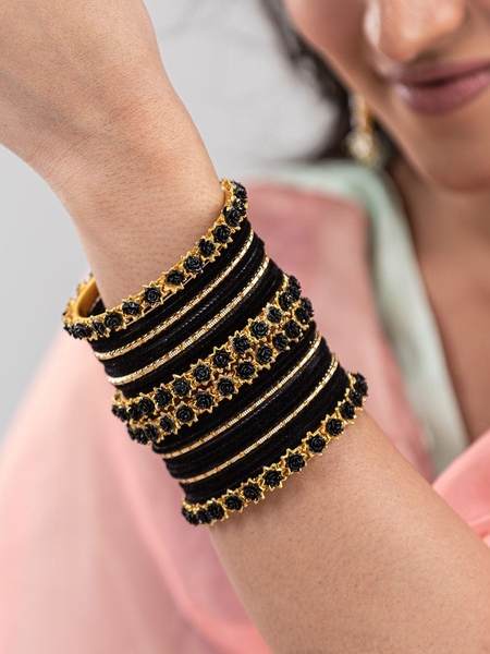 Golden and Black Velvet Bangles Set Pack of 26