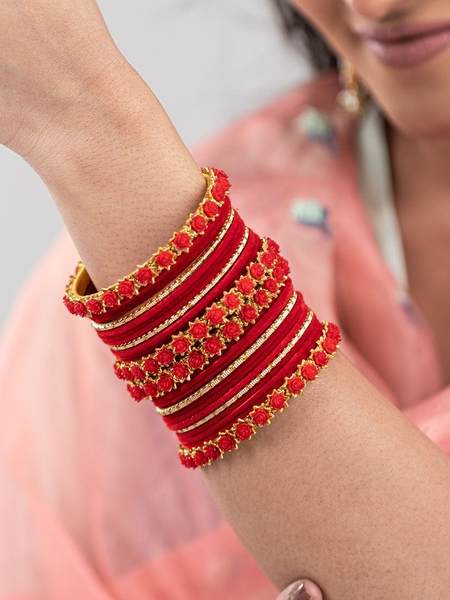 Golden & Red Color Velvet Bangles Set Pack of 26 together in one hand