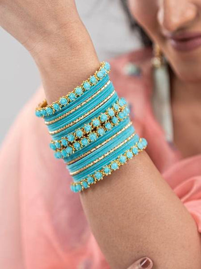 Golden & Surf Color Velvet Bangles Set Pack of 26 together in one hand