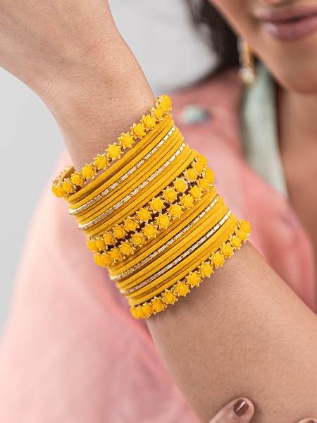 Elegant Yellow Color Velvet Bangles Set for Women together in one hand