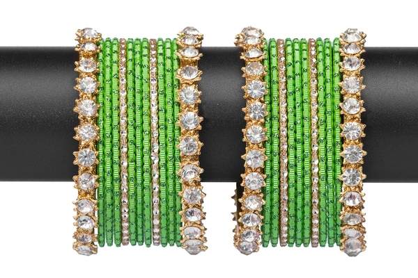 Golden and Green Metal Bangles Set Pack of 26 front view