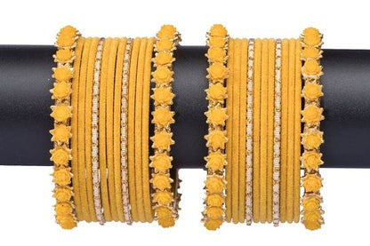 Elegant Yellow Color Velvet Bangles Set for Women front view