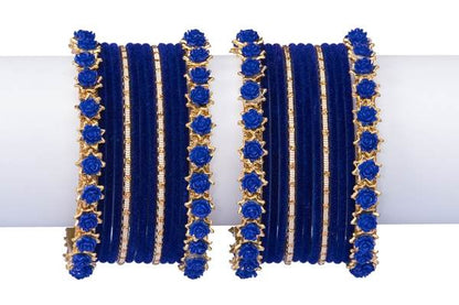 Golden and Blue Velvet Bangles Set Pack of 26 front view