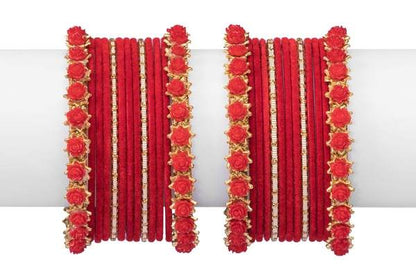 Golden & Red Color Velvet Bangles Set Pack of 26 front view