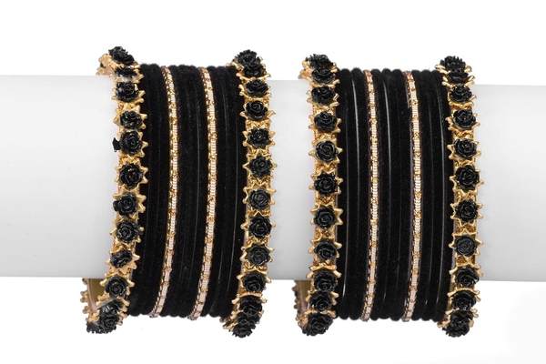 Golden and Black Velvet Bangles Set Pack of 26 front view 02