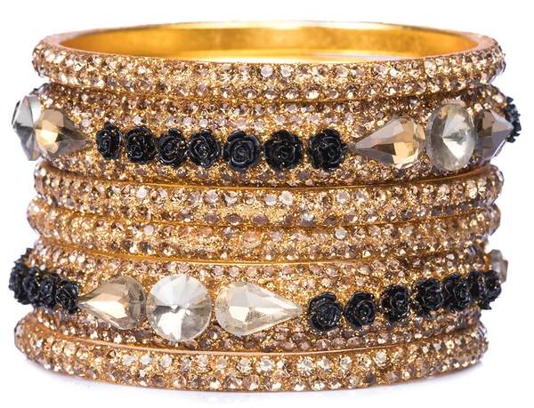 Metal with Zircon Gemstones Glossy Finished Gold & Black Color Bangles Set front view