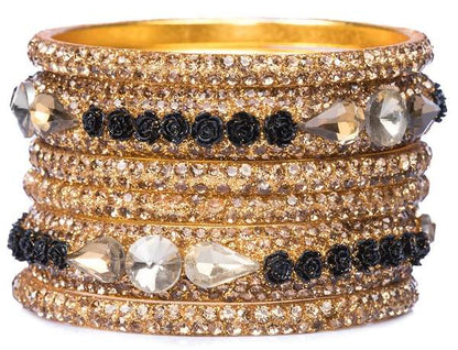 Metal with Zircon Gemstones Glossy Finished Gold & Black Color Bangles Set front view