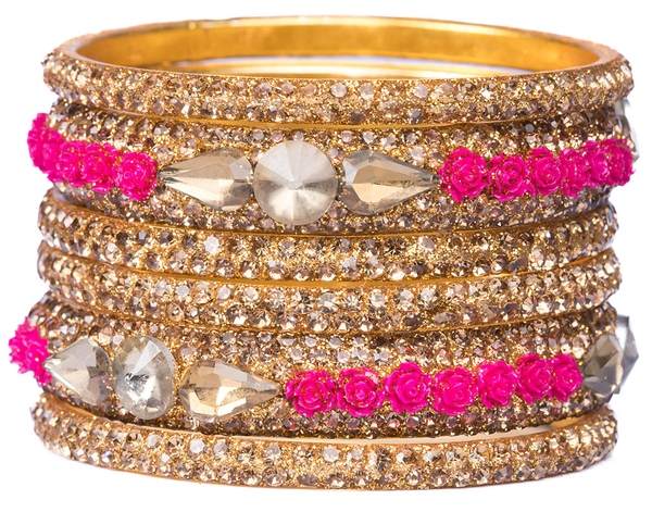 Metal with Zircon Gemstones Glossy Finished Gold & Rani Color Bangles Set front view