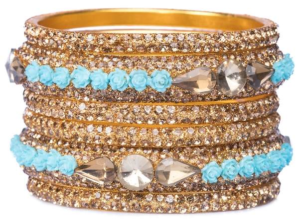 Metal with Zircon Gemstones Glossy Finished Gold & Surf Color Bangles Set front view