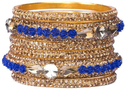 Metal with Zircon Gemstones Glossy Finished Gold & Blue Color Bangles Set front view