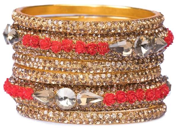 Metal with Zircon Gemstones Glossy Finished Gold & Red Color Bangles Set front view