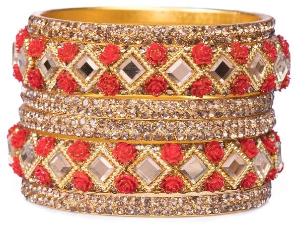 Stunning Red & Gold Color Bangles Set Pack of 6 together from side view