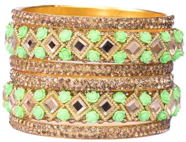 Unique Green & Gold Color Bangles Set Pack of 6 together from side view