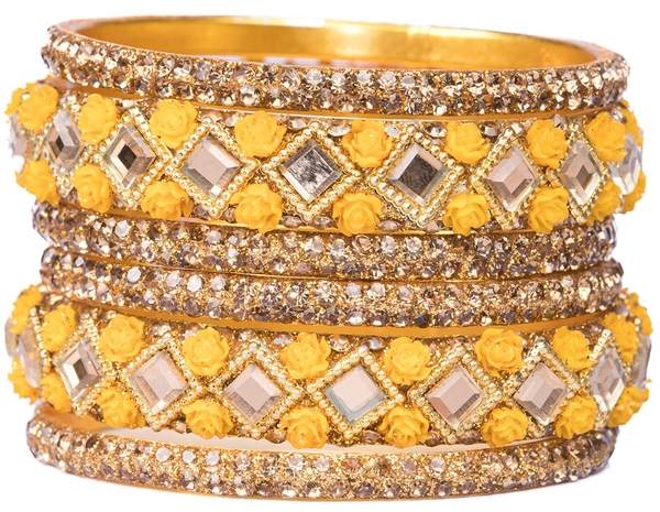 Elite Yellow & Gold Color Bangles Pack of 6 together from side view