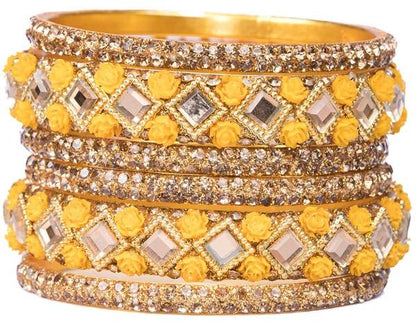 Elite Yellow & Gold Color Bangles Pack of 6 together from side view