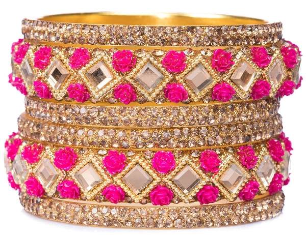 Stunning Rani & Gold Color Bangles Set Pack of 6 together from side view