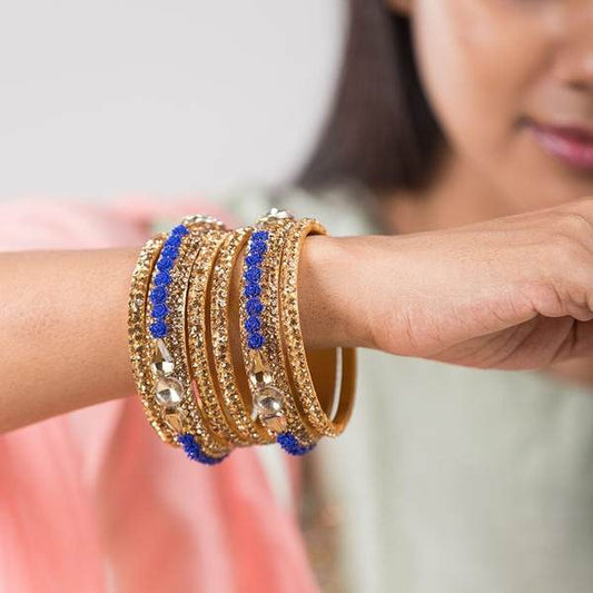 Metal with Zircon Gemstones Glossy Finished Gold & Blue Color Bangles Set together in one hands