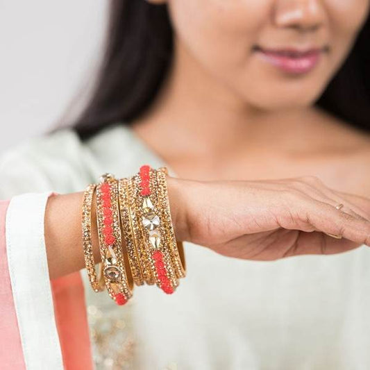 Metal with Zircon Gemstones Glossy Finished Gold & Red Color Bangles Set together in one hand