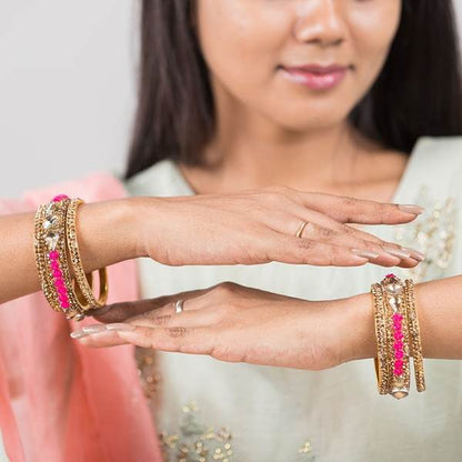 Metal with Zircon Gemstones Glossy Finished Gold & Rani Color Bangles Set together in two hands