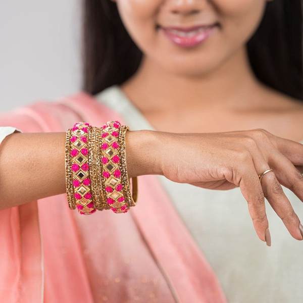 Stunning Rani & Gold Color Bangles Set Pack of 6 together in one hands