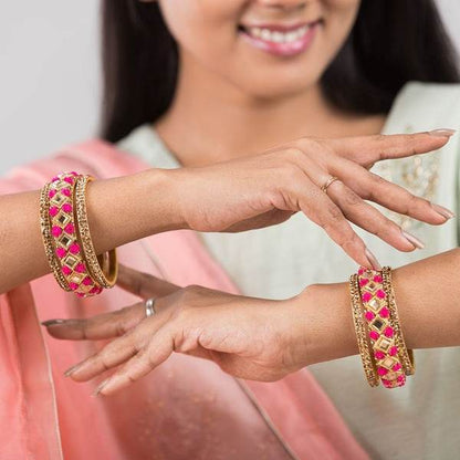 Stunning Rani & Gold Color Bangles Set Pack of 6 together in two hands