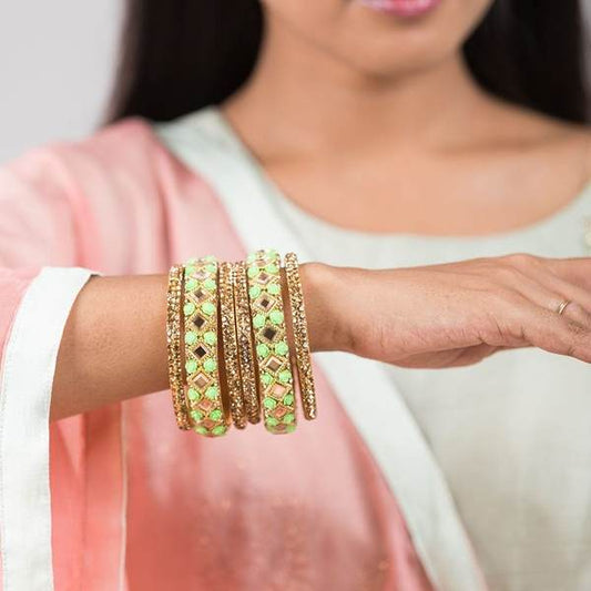 Unique Green & Gold Color Bangles Set Pack of 6 together in one hands