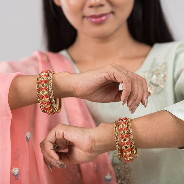 Stunning Red & Gold Color Bangles Set Pack of 6 together in two hands