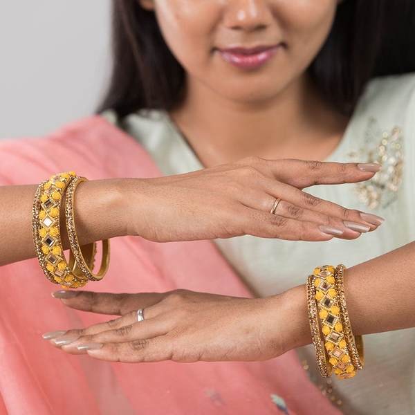 Elite Yellow & Gold Color Bangles Pack of 6 together in two hands