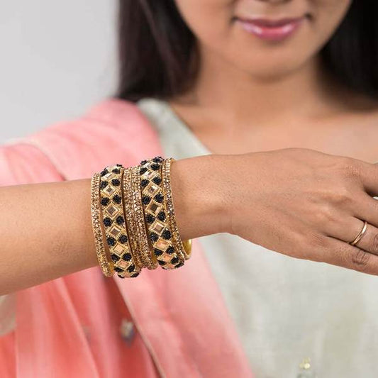 Elite Unique Black & Gold Color Bangles Set Pack of 6 together in one hand 