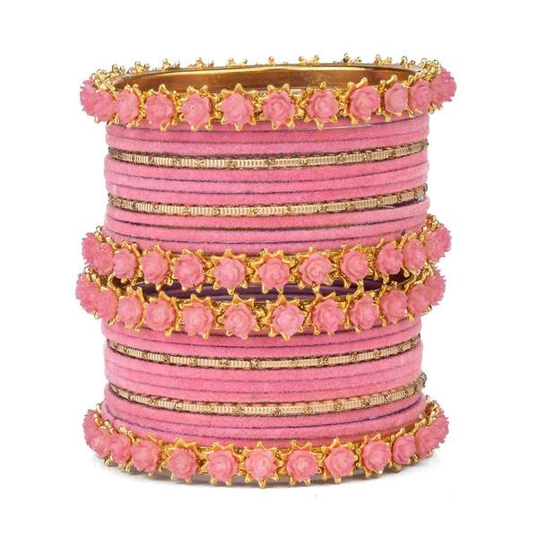 Golden and Pink Velvet Bangles Set Pack of 26