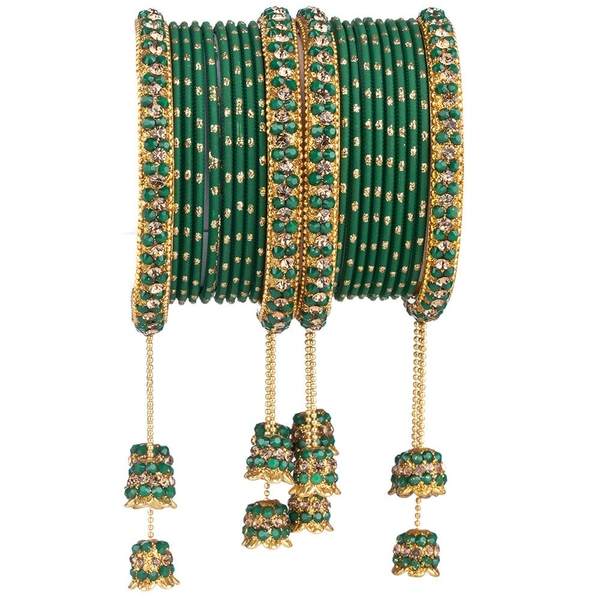 Designer Metal Bangles Set Green Color With Beautiful Latkan