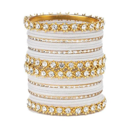 Gold Plated White Stone & White Velvet Bangles Set