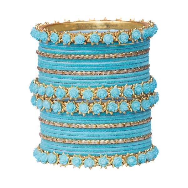 Golden & Surf Color Velvet Bangles Set Pack of 26